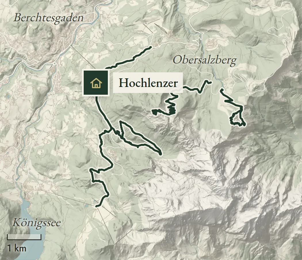 Reliefkarte rund um den Hochlenzer mit den Wandertouren A bis E und den Ausflugszielen 1 bis 6; alle Einträge stehen in der Liste zur Karte