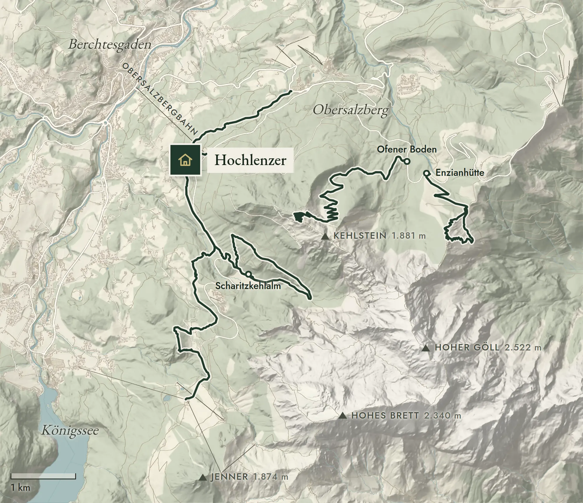 Reliefkarte rund um den Hochlenzer mit den Wandertouren A bis E und den Ausflugszielen 1 bis 6; alle Einträge stehen in der Liste zur Karte