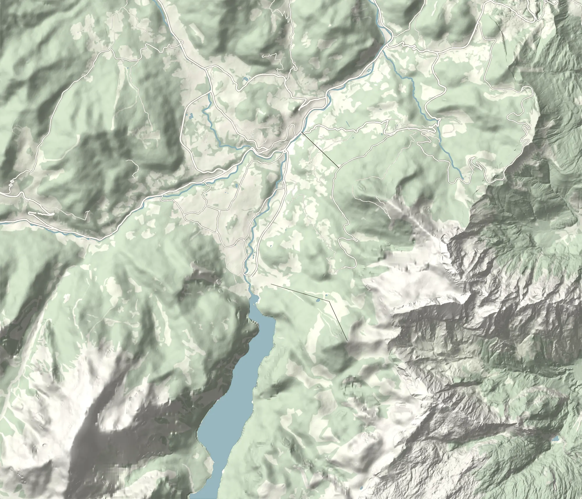 Reliefkarte des Berchtesgadener Talkessels: der Hochlenzer am Obersalzberg, der Markt Berchtesgaden, der Königssee, Watzmann und Hoher Göll